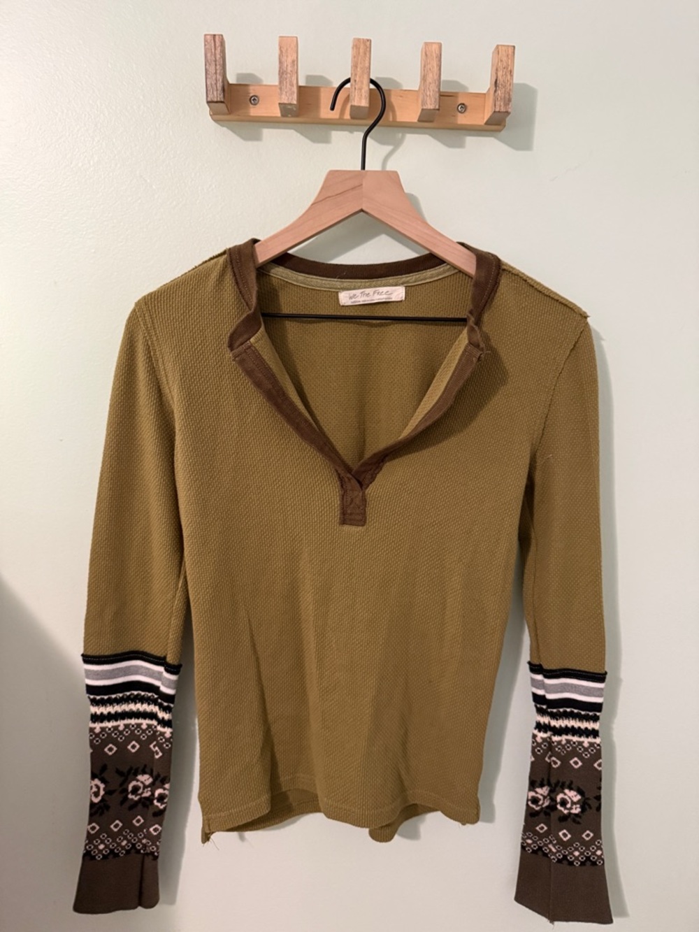 Free People Olive Green Long Sleeve Knit Top with Patterned Cuffs M